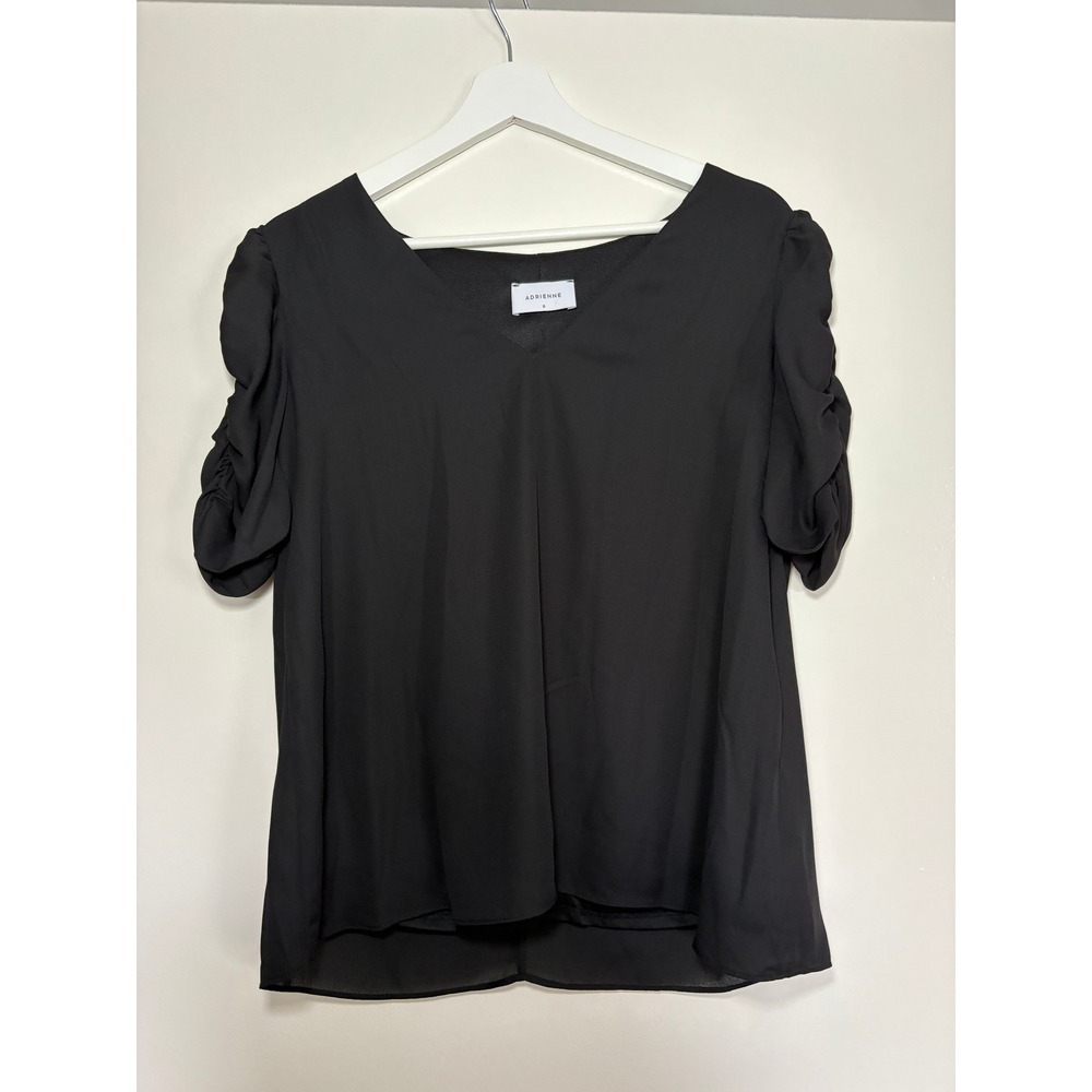 ADRIENNE Blouse Small Black Ruched Short Sleeve V-Neck Chiffon Top 2489S